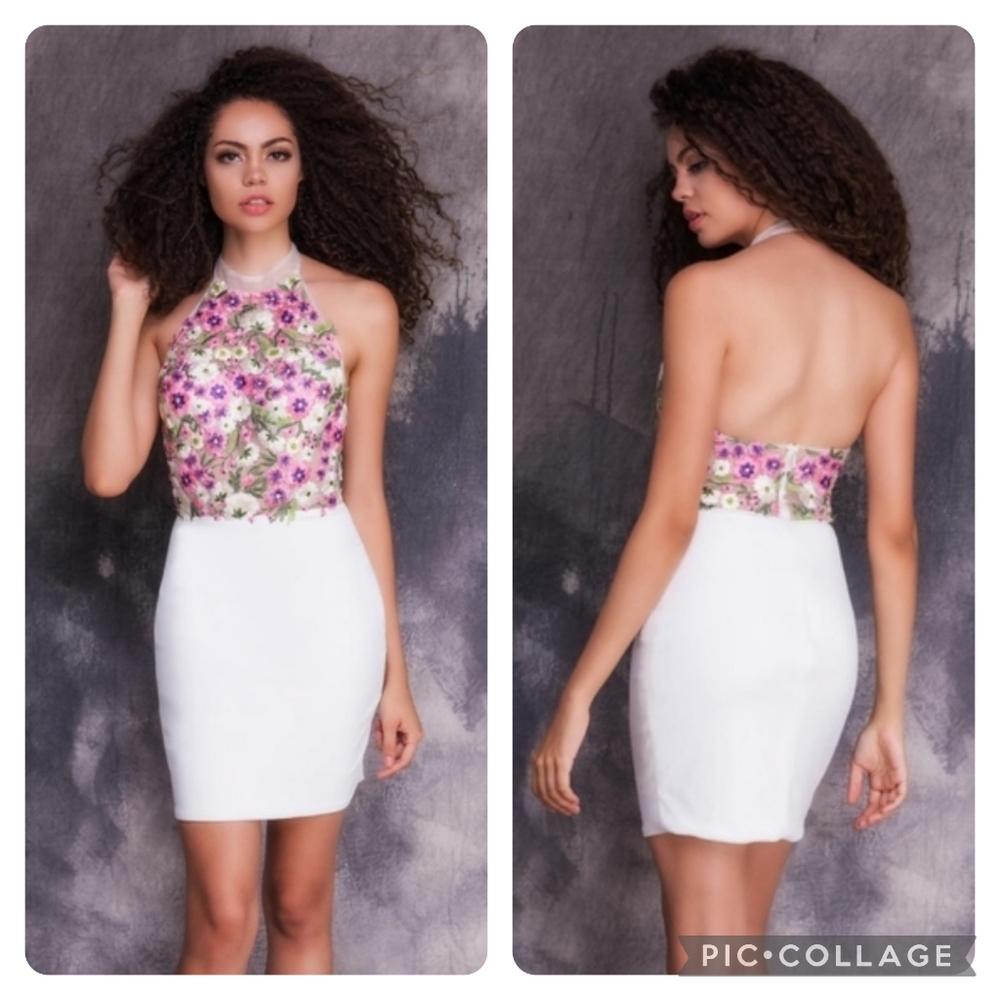 Nina Canacci Ivory Lilac Floral Embroidered Cocktail Bodycon Halter Dress Size 2